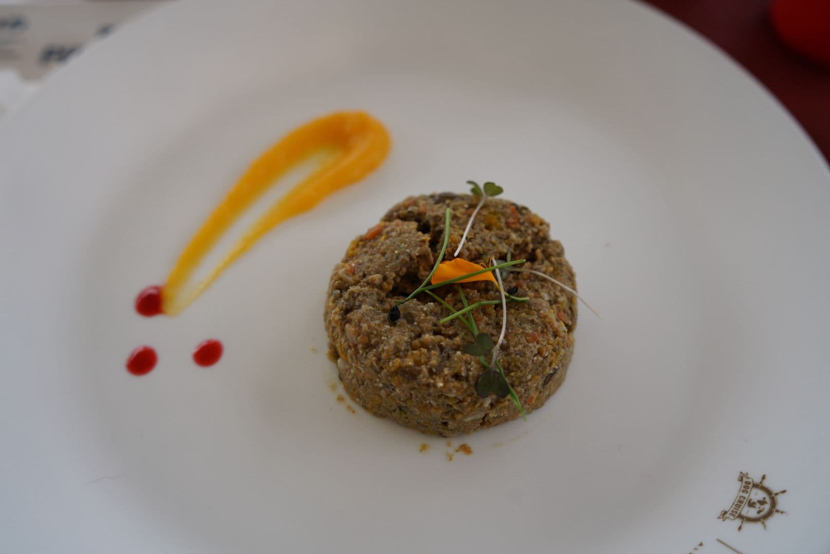 A plated course from the dog menu aboard the Royal Albatross