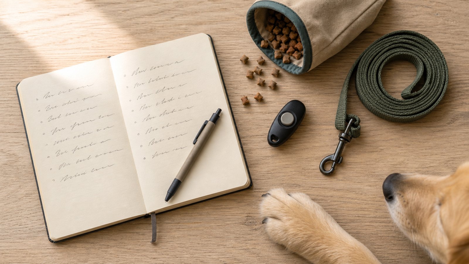 Overhead view of a notebook listing questions to ask a dog trainer, next to a leash, clicker and treat pouch