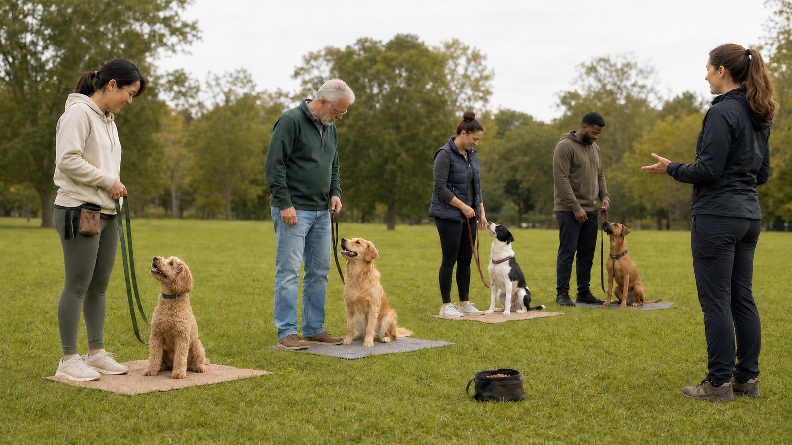 Owners and dogs spaced apart in an outdoor group class while the trainer gives instructions