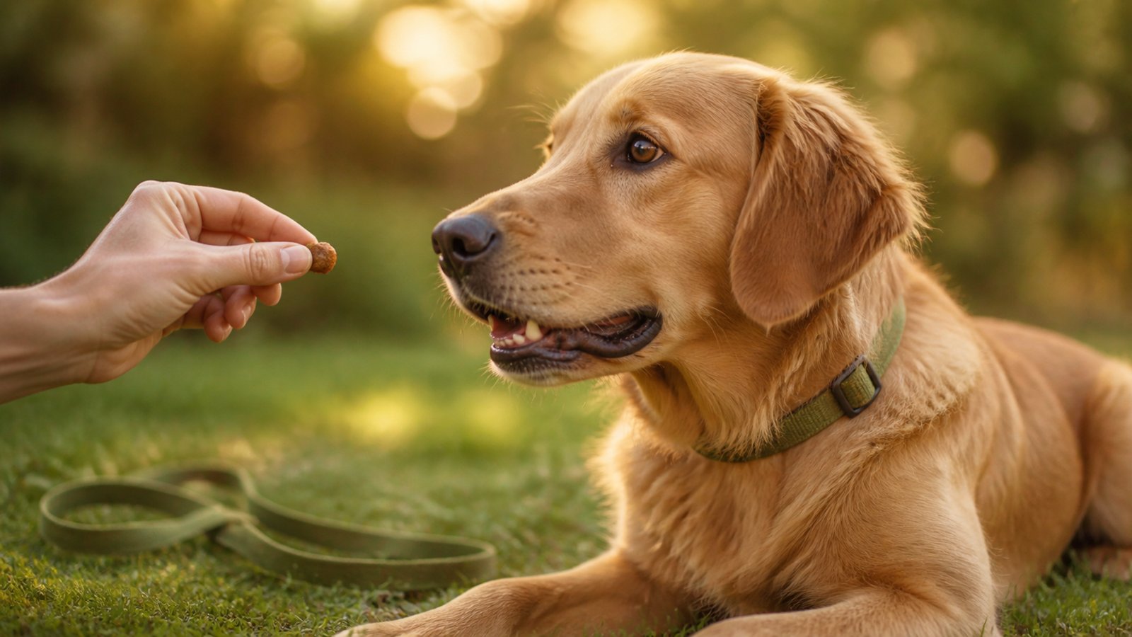 A trainer rewarding a relaxed dog with a treat during a reward-based training session